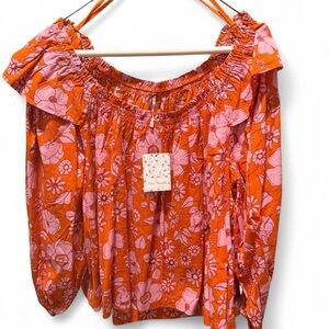 Free People NWT Small Boho Orange and Pink Floral Blouse